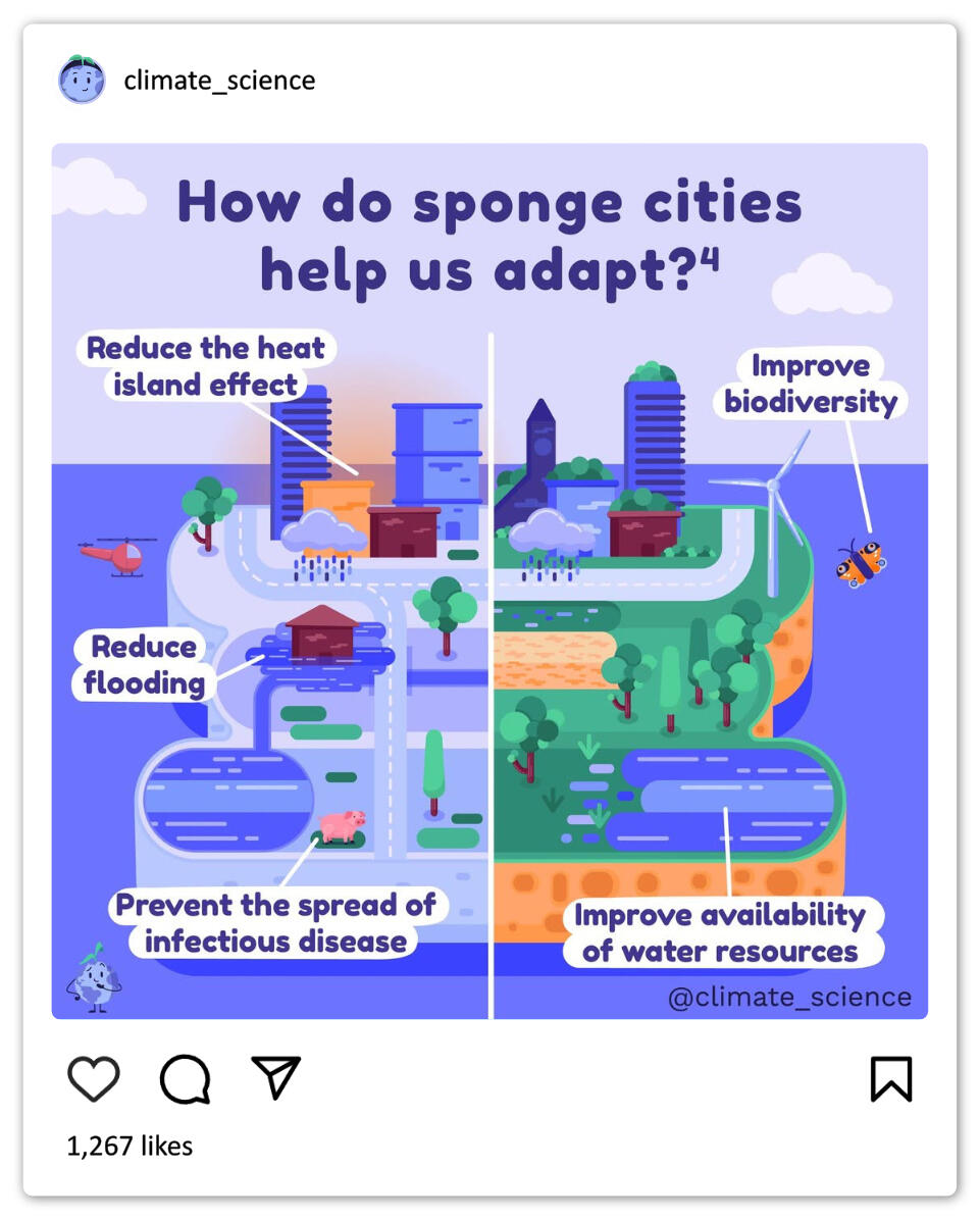 Vector illustration of a diagram of the Sponge Cities concept. The illustration shows an island floating on water. The side of the island is made of sponge while the top of the island has green grass, tall buildings, a road, river, farm animals.